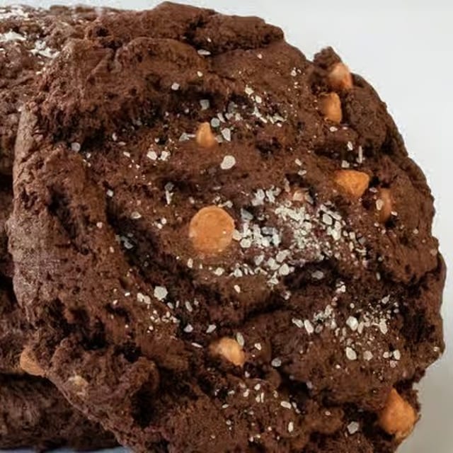 Vegan Double Chocolate Chip Salted Caramel Cookie.